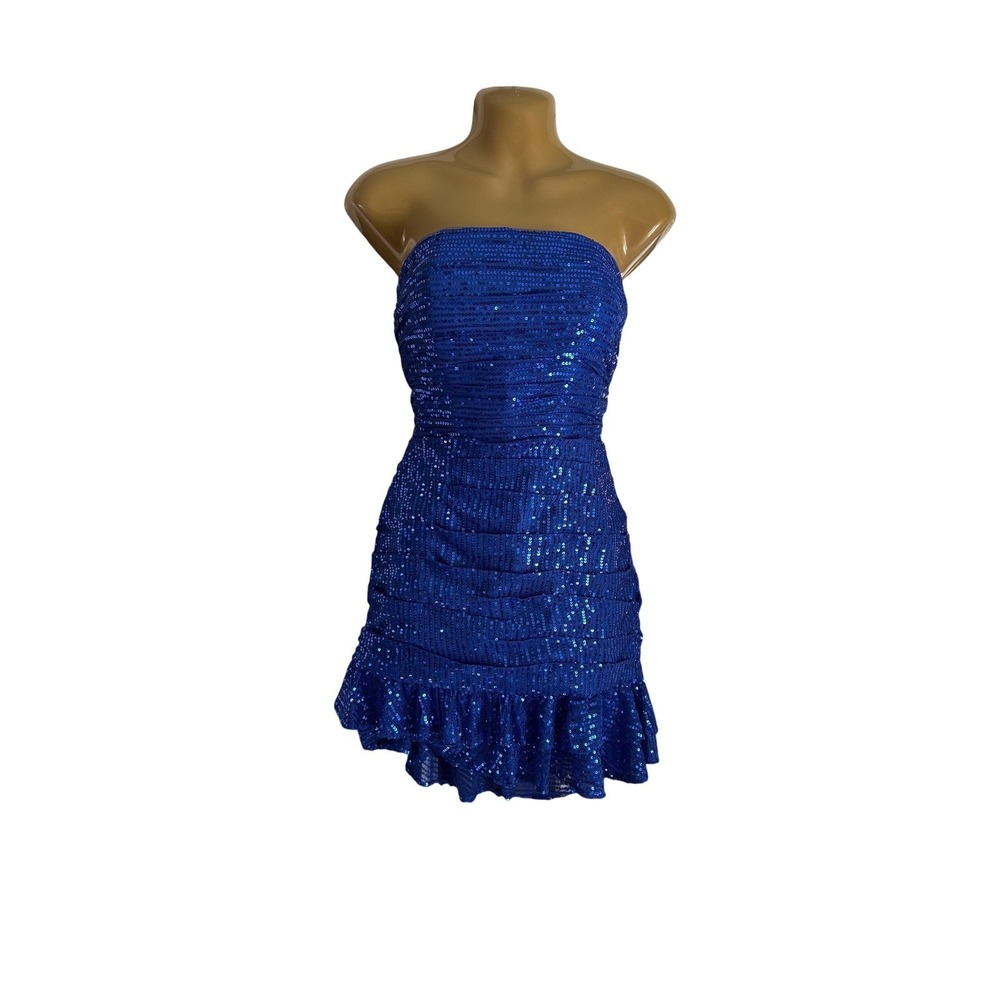 Royal Blue Sequin Strapless Ruched‎ Mini Dress Bow Back. Size 4